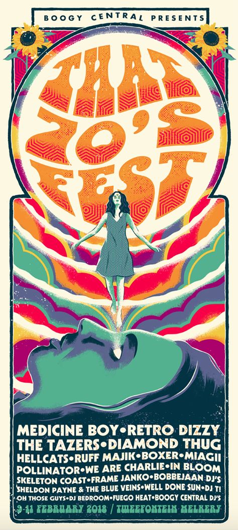 A mind that is stretched by a new experience can never go back to its new dimension. Check out these psychedelic poster ideas to stretch your mind even more! 70s Flyer Design, 70s Festival Poster, Retro Festival Poster, 70s Poster Design, Music Festival Poster Design, 70s Artwork, 70s Concert, 1960s Posters, Festival Branding