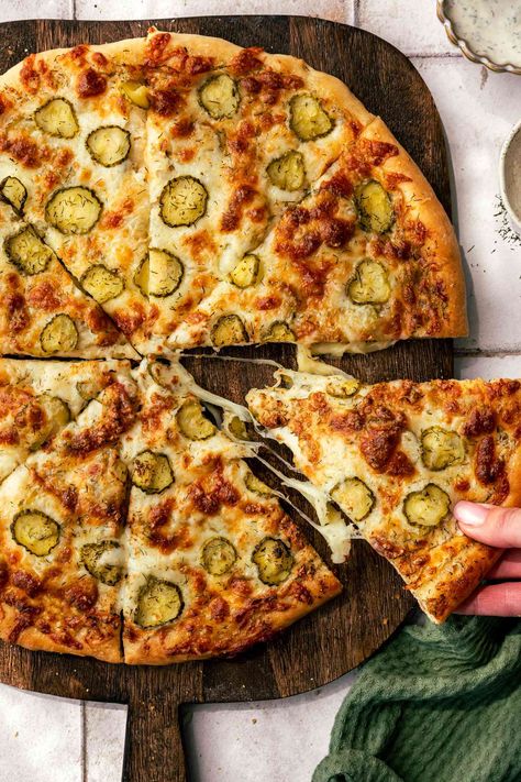 Pickle Pizza Recipe, Pickle Pizza, Pizza Sauces, Pineapple On Pizza, White Pizza Sauce, Dinner Rotation, White Pizza, Dill Sauce, Pizza Ingredients