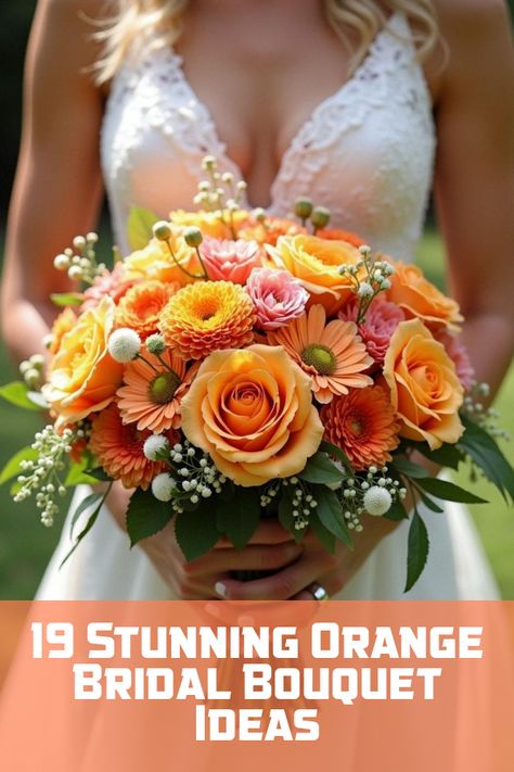 Did you know that an orange bridal bouquet can symbolize warmth and happiness? Discover vibrant arrangements, bursting with tangerine blooms and sunset hues. Perfect for autumn or summer weddings, these stunning bouquets add a pop of color and charm. Explore photos of radiant floral designs that capture the essence of joy and celebration, and see how you can make your special day even more unforgettable. Orange Hoco Bouquet, Red And Orange Bouquet, Orange Wedding Summer, Dalia Bouquet, Sunset Bouquet, Bridal Bouquet Ideas, Orange Bridal Bouquet, Orange Bouquets, Sunset Hues