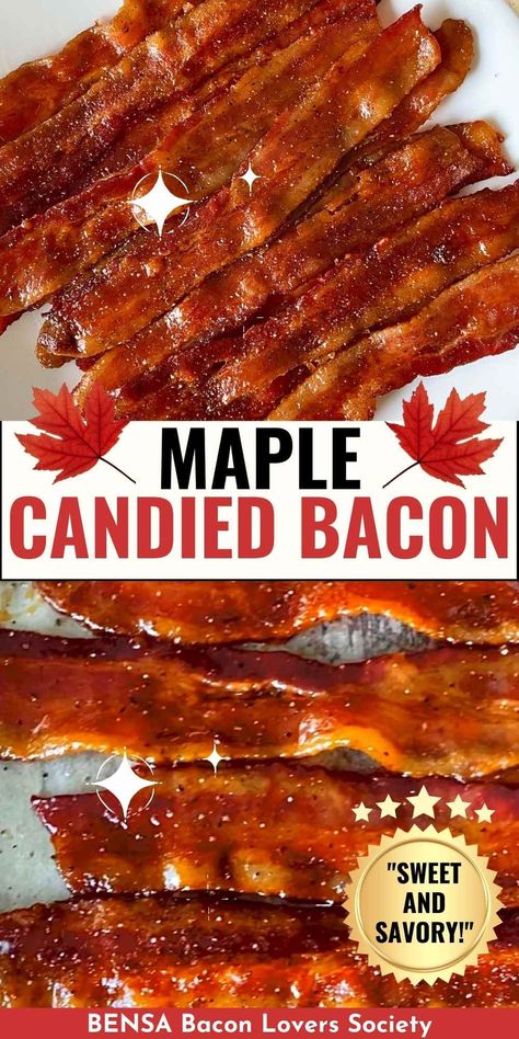 You'll love this tasty Maple Candied Bacon recipe! It's the perfect balance of sweet, savory, and spicy. Just brush thick bacon slices with a delectable brown sugar maple syrup glaze and bake in the oven for an irresistible treat. #maplebacon Maple Candied Bacon Recipe, Bacon With Brown Sugar, Unique Bacon Recipes, Maple Candied Bacon, Maple Bacon Recipes, Easy Bacon Recipes, Candied Bacon Recipe, Maple Syrup Glaze, Pig Candy