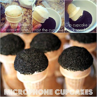 Microphone cupcakes - super cute idea for a rockstar party.  Not sure if it would work, but if you could use aersol coloring like used for cake decorating to make the cones silver or some other color.  That would be extra cute! Microphone Cupcakes, Party Rock Anthem, Pop Star Party, Rockstar Party, Music Birthday Party, Rock And Roll Birthday, Rockstar Birthday, Rock Star Birthday, Rockstar Birthday Party