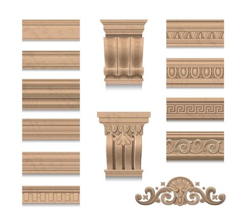 Wooden realistic elements of wall decora... | Free Vector #Freepik #freevector #column-pillars #antique #pillar #column Pillar Decor, Latest Door Designs, Wall Dividers, Wall Decora, Cornice Design, Crown Moldings, Wooden Items, Dado Rail, Wainscoting Panels