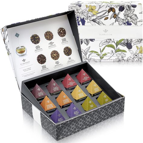 Amazon.com : Teabloom Organic Black Forest Pyramid Tea Presentation Box, 12 Assorted Black Tea Blends, USDA Certified Organic Whole-Leaf Pyramid Tea Sachets : Grocery & Gourmet Food Chai Caramel, Tea Presentation, Interesting Packaging Design, Tea Box Design, Luxury Box Design, Cinnamon Chai, Black Tea Blends, Tea Gift Box, Blooming Tea