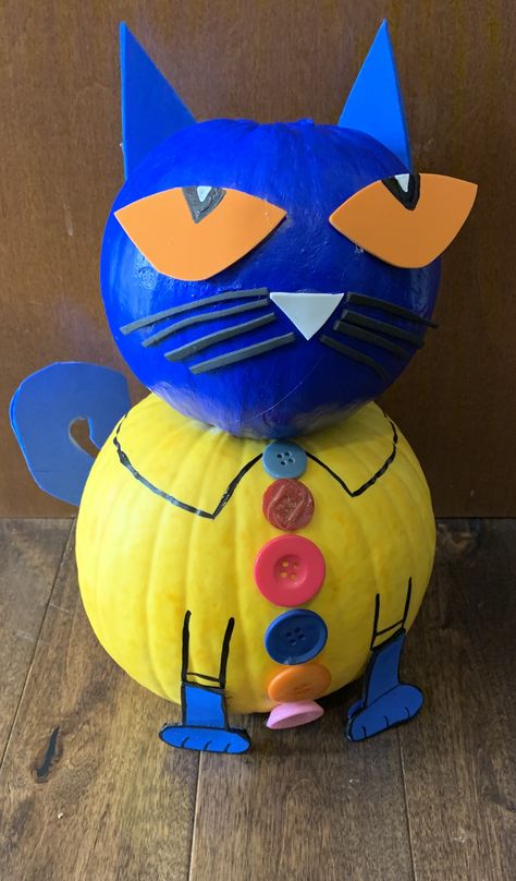 Peet The Cat Painted pumpkin with buttons #Peetthecat #paintedpumpkin Pumpkin Painting Character Ideas, Preschool Decorated Pumpkins, Painted Pumpkin Ideas Book Character, Sonic Pumpkin Painting, Pete The Cat Pumpkin Decorating, Book Character Painted Pumpkins, Book Related Pumpkin Decorating, Sonic Pumpkin, Decorate Pumpkin Book Character