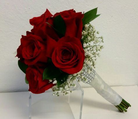 Small red roses and baby breath wedding bouquet Small Red Flower Bouquet, Simple Red Rose Bridal Bouquet, Red Roses And Baby Breath Bouquet, Small Red Bouquet, Wedding Bouquets Roses Red, Wedding Bouquets Red Roses, Small Rose Bouquet, Red Rose Bridal Bouquet, Red Rose Bouquet Wedding