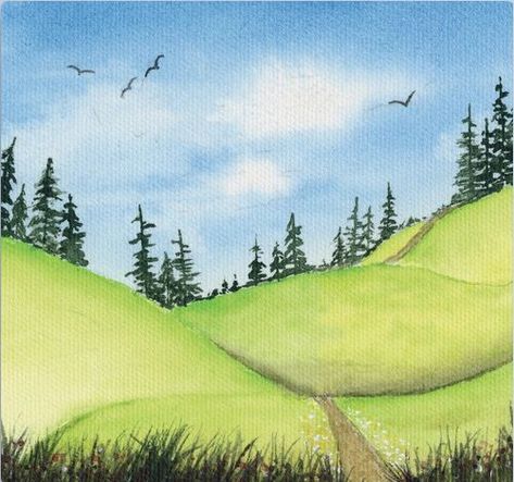 A watercolor print of brilliant spring green rolling hills, and a path leading to a forest of pine trees. With birds flying in the distance in a sky of dappled clouds. Rolling Hills Painting, Pencil Sketches Landscape, Pine Tree Drawing, Forest Drawing, Painted Hills, Spring Forest, Bullet Journal Design Ideas, Over The Hill, A Sky