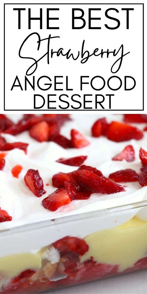 Closeup shot of strawberry angel food pudding dessert in baking dish. Strawberry Angel Food Dessert, Angel Food Trifle, Angel Food Cake Trifle, Strawberry Angel Food Cake, Angel Food Cake Desserts, Easy Strawberry Desserts, Angel Food Cake Mix Recipes, Lemon Dessert, Strawberry Dessert Recipes