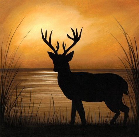 Deer Lake Deer Silhouette Painting, Hirsch Silhouette, Deer Painting, Deer Silhouette, Silhouette Painting, Lake Painting, Soyut Sanat Tabloları, Deer Art, Image Painting