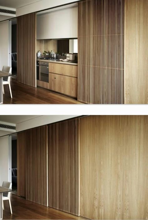 Kitchen Sliding Doors, Hidden Kitchen, 아파트 인테리어, Modern Kitchen Cabinets, Mini Kitchen, Tiny Kitchen, Kitchen Cabinet Design, Hallway Ideas, Modern House Exterior