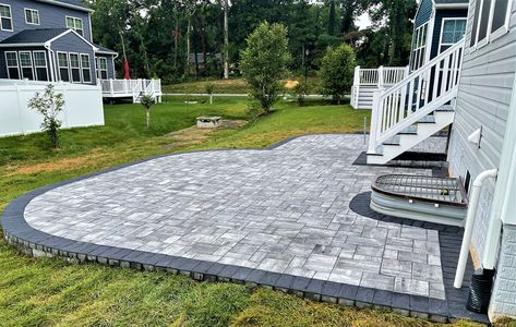 Curved Paver Patio, Curved Paver Walkway, Curved Patio Ideas, Curved Patio, Cambridge Pavingstones, Patio Floor, Electrical Conduit, Patio Flooring, Paver Patio