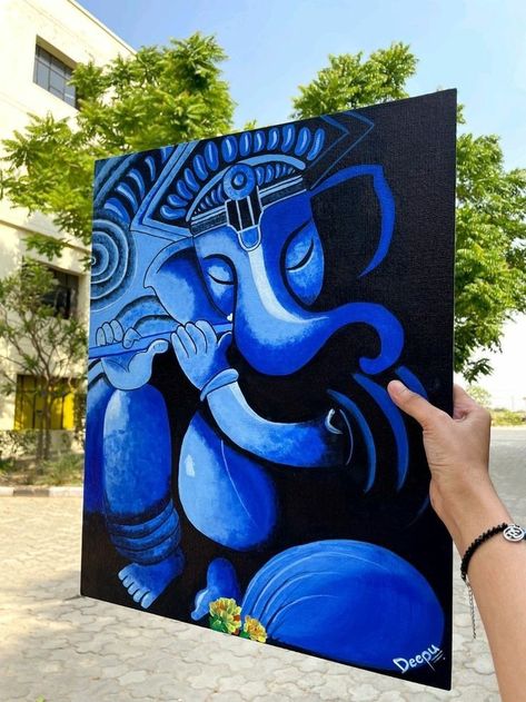 Blue Ganesha Painting, Ganesh Aesthetic Drawing, Ganesha Paintings On Canvas, Ganpati Bappa Painting Ideas, Ganpati Painting Ideas, Krishna On Canvas Acrylics, Dancing Ganesha Drawing, Creative Ganpati Drawing, Ganpati Drawing Easy Painting