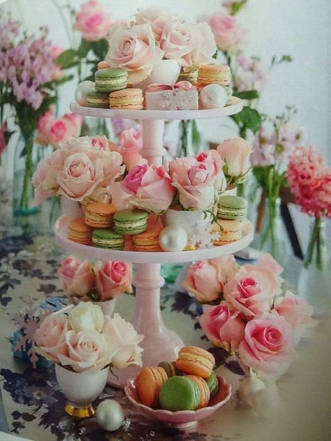 So pretty and simple to incorporate small cups/vases of flowers in your dessert display. Cake Mini, High Tea Party, Tea Party Food, Bridal Tea, Bridal Shower Cake, Vintage Tea Party, Tea Party Bridal Shower, Afternoon Tea Parties, Monkey Bread