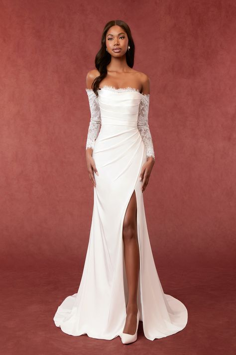 Long Waist Wedding Dress, Wedding Dress Fitted Simple, Fitted Winter Wedding Dress, Flared Wedding Dress, Wedding Dress Styles For Short Women, Off The Shoulder Wedding Dress With Sleeves, Azazie Wedding Dresses, Wedding Dress Sleeves Lace, Wedding Dresses Square Neckline