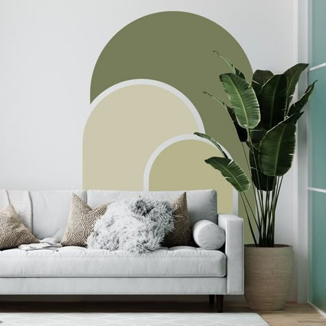 Modern Paint Accent Wall, Color Block Wall Decal, Wallpaper Wall Bedroom Aesthetic, Tv Wall Decals, Painted Arches Behind Bed, Arch Sticker Design, Boho Murals Wall Art, Arched Painted Wall Bedroom, Green Arches On Wall