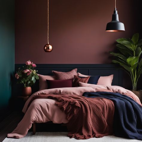 🌑🛌 Get lost in this moody romantic bedroom with its deep hues and subtle luxury. Matte black walls and plush pink linens create a cozy yet sophisticated vibe. Copper accents & a pop of floral colors bring warmth. Perfect for those who love a dark, elegant bedroom escape! 🌺✨💤 #BedroomGoals #MoodyRomantic #DarkElegance #odastudioAI #odaAIstudio #odastudio  #bedroomdecor #bedroomideas #bedroomstyle #masterbedroom #cozybedroom #bedroomdesign #beddingideas #bedroominspiration #modernbedroom #bedroomfurniture  #darkfemininebedroom #moodybedroom #moodyromanticbedroom #darkfeminineroom #darkcozybedroomideasromantic #elegantbedroom  odastudioai Oda AI studio Dark And Colorful Bedroom, Mauve Moody Bedroom, Mauve Blue Bedroom, Bedroom Mauve Walls, Cozy Bedroom No Windows, Deep Pink Room, Dark Dusty Pink Bedroom, Dark Green And Burgundy Bedroom, Dark And Cosy Bedroom