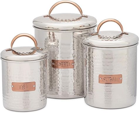 Amazon.com: Old Dutch International 3 PC Stainless Steel w/Copper Finish Handle & Badge, Tea, Coffee, Sugar Canister Set, Silver/wood : Home & Kitchen Food Canisters, Sugar Canister, Old Dutch, Silver Wood, Food Jar, Canister Sets, Copper Finish, Dining Storage, Antique Copper