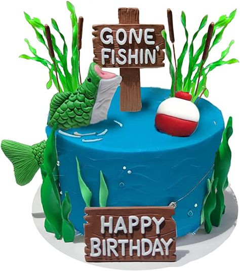 Fishing Theme Cake, Gone Fishing Cake, Fisherman Cake, Happy Birthday Fishing, Fish Cake Birthday, Fishing Cake Topper, Fishing Cake, Happy Birthday Sign, Fishing Birthday Party