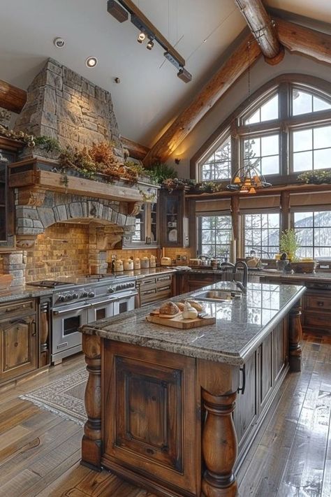 Log Houses Log Cabin Homes Kitchen, Log House Interior, Barndo Kitchen, Minnesota Cabin, Mountain Living Room, Log Cabin Kitchen, Log Cabin House, Log Home Interior, Beautiful Mansion