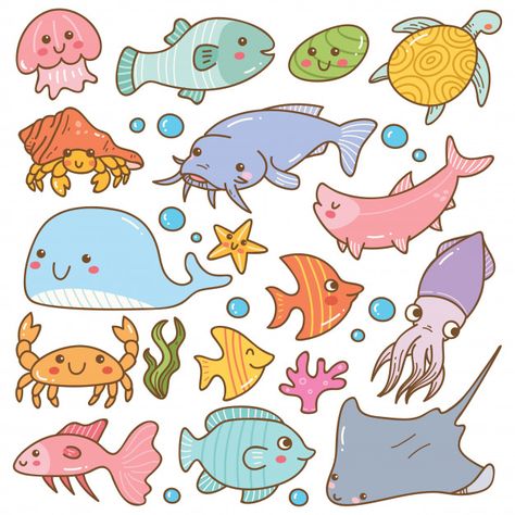 Set of sea animal kawaii doodles Premium Vector | Premium Vector #Freepik #vector # # # # Ocean Doodles, Kawaii Fish, Theme Drawing, Doodles Kawaii, Easy Cartoon, Cartoon Fish, Animal Doodles, Cute Animal Clipart, Animal Pins