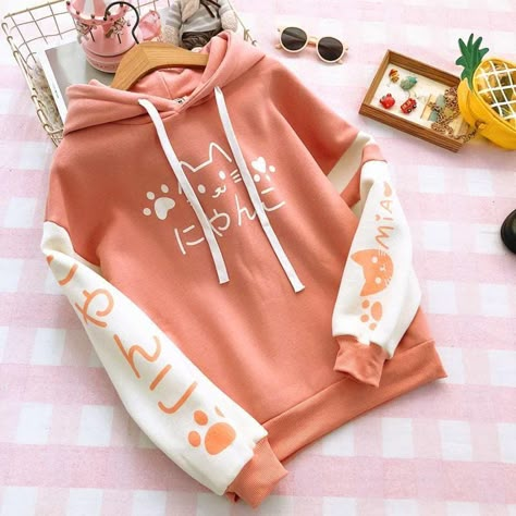 Material:cotton  Color：Pink/Navy Size:Length 62 cm,bust 104 cm,shoulder 59 cm ,sleeve 42 cm. Shipping: Free Shipping Worldwide for order over 15$, 7-15 days delivery to US/UK/CA/AU/FR/DE/IT and most Asia Countries Anting Manik, Kawaii Sweater, Kawaii Hoodie, Style Kawaii, Stylish Hoodies, Parcel Delivery, Lovely Cat, Hoodie Jumper, Kawaii Fashion Outfits