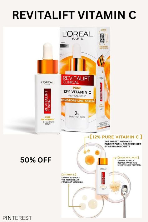 L'Oréal Paris Revitalift Clinical 12% Pure Vitamin C Brightening Serum for Face, Powerful Antioxidant Protection, Brighter & Smoother Skin, includes Hyaluronic Acid, Salicylic Acid, Vitamin C Vitamin C Brightening Serum, Serum For Face, Smooth Skin Texture, Reduce Pores, Brightening Serum, Smoother Skin, Bright Skin, Amazon Uk, Salicylic Acid