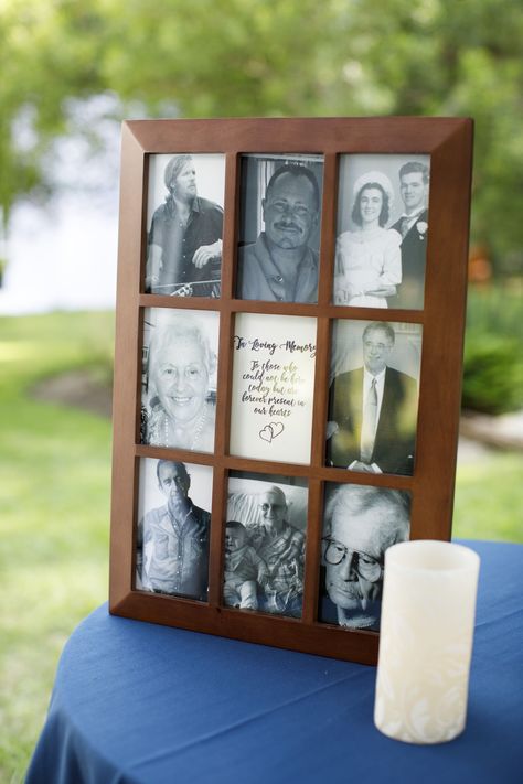 Memory Table at wedding, collage of photos & candle: "In Loving Memory, To those who could not be here today but are forever present in our hearts" #heartcandleswedding Memory Candles For Wedding, In Loving Memory Wall Ideas, Rustic Memory Table At Wedding, Memorial Display Ideas For Home, Memory Board Wedding, Wedding Memory Table Ideas, In Loving Memory Wedding Ideas, In Memory Of Wedding Ideas, Memory Chair