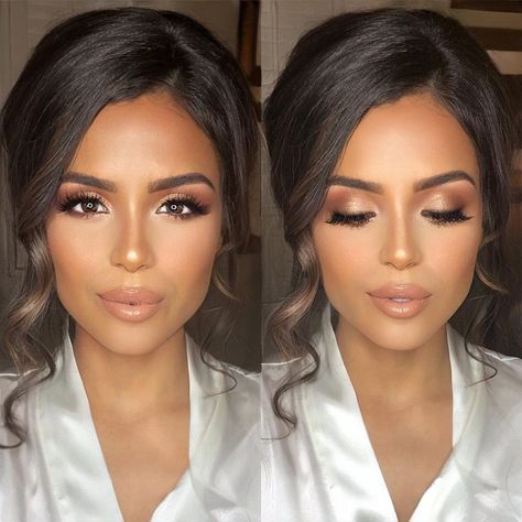 Bridal Make Up Brown Eyes Wedding Brides, Natural Neutral Wedding Makeup, Olive Skin Bridesmaid Makeup, What To Wear To A Wedding Besides A Dress, Bridal Make Up Tan Skin, Bridal Makeup Heavy, Brown Skin Bride Makeup, Bridal Glam Makeup Smokey Eye, Wedding Make Up For Dark Brown Eyes