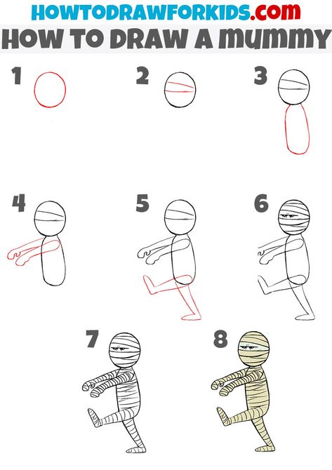 Mummy Cartoon Drawing, Easy Mummy Drawing, How To Draw A Mummy, How To Draw Spooky Things, Mummy Drawing Easy, How To Draw Halloween, Mummy Sketch, Mummy Drawing, How To Doodles