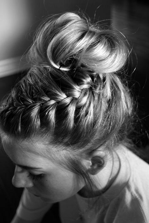 Dance Hair: Braided Messy Bun Tutorial | Sand Sun & Messy Buns Braided School Hairstyles, Bun With Braid, Updo Bun, Messy Bun With Braid, Hair 2016, Messy Bun Tutorial, Braided Hair Tutorial, Cheer Hair, Braided Bun Hairstyles