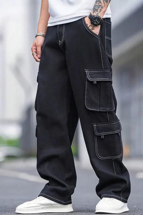 Men's Casual Multi Pocket Pants, Chic Street Style Cargo Jeans Street Style Cargo, Aesthetic Guy Outfits, Multi Pocket Pants, Cool Boys Clothes, Pants Outfit Men, Cargo Pants Outfit, Green Cargo Pants, Mens Casual Dress Outfits, Men Stylish Dress