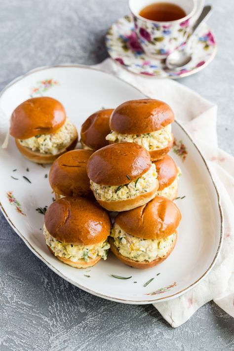 Delicious Egg Salad served on mini brioche buns! This is the perfect egg salad with bacon, pickle relish and stoneground mustard and would be great for a brunch or picnic! #eggsalad #summer #foodnessgracious #recipes #eggs Mini Sandwiches Ideas, Brioche Rolls Sandwiches, Mini Egg Sandwiches, Egg Salad Sliders, Brioche Bun Sandwich Ideas, Brioche Sandwich Ideas, Mini Brioche Sandwiches, Mini Egg Salad Sandwiches, High Tea Egg Salad Sandwiches