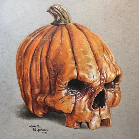 Pumpkin Drawing, Grey Paper, Prismacolor Art, Pumpkin Skull, Halloween Drawings, Human Skull, Arte Sketchbook, Paper Drawing, Color Pencil Art