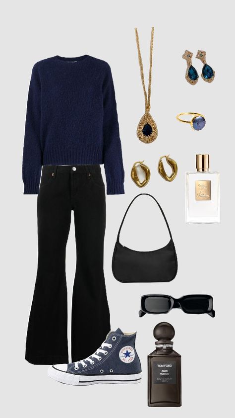 #outfit #navyclothes #blackjeans #gold #navy #blackclothes #inspo Navy Gold Outfit, Navy And Gold Outfits, Navy And Gold Game Day Outfits, Trendy Navy Crew Neck Top, Fitted Navy Knitted Sweater, Gold Outfits, Gold Outfit, Navy Sweaters, Navy Fashion