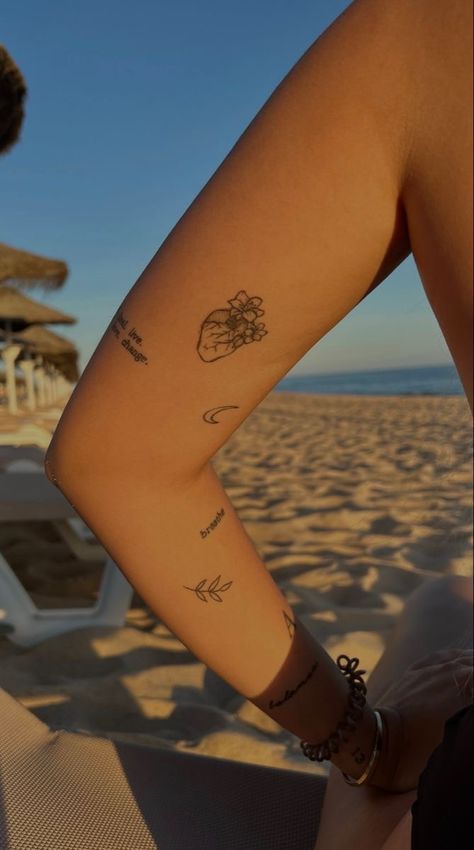 Doja Cat Inspired Tattoo, Female Empowerment Tattoos Minimalist, Scattered Sleeve Tattoo Women, Small Tatoos Arms Women, Under Elbow Tattoo, Patchy Sleeve Tattoo Women, Scattered Tattoos Sleeve Women, Thick Line Tattoos, Maching Tattoos