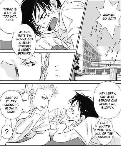 Dark Honey — How to solicit a kiss, Zoro style. Zoro x Luffy... Zoro X Luffy, Kiss Meme, Japan Funny, Gay Comics, One Piece Ship, One Piece Funny, Zoro One Piece, One Piece Comic, One Piece Pictures