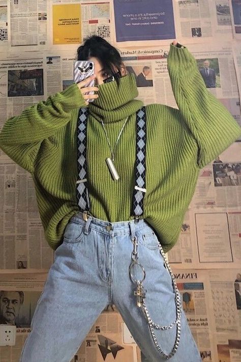 Solid Color Turtleneck Knitted Loose Sweater – Tomscloth Loose Sweater, Soft Grunge, 인물 사진, Looks Style, Teen Fashion Outfits, Looks Vintage, Aesthetic Outfits, Cute Casual Outfits, Teen Fashion