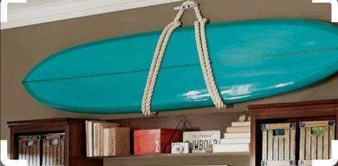 Hang Surfboard On Wall, Surfboard Diy Decor, Surf Rack Wall, Surfboard Ceiling, Hanging Surfboard, Surf Board Rack, Surf Bungalow, Surfboard Display, Surfboard Wall Rack