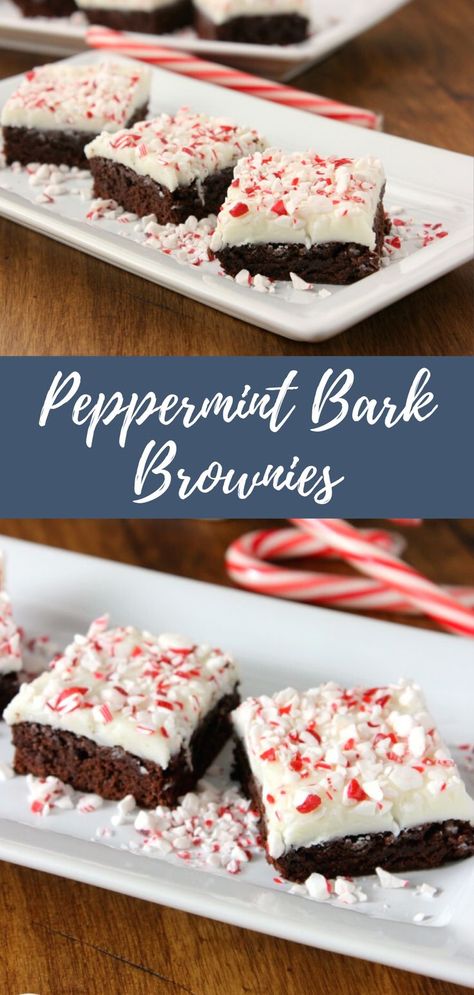 Peppermint bark brownies on a white rectangular serving tray. Holiday Brownie Recipes, Peppermint Bark Brownies, Holiday Dessert Drinks, Peppermint Brownies Recipe, Chocolate Peppermint Brownies, Crushed Peppermint, Peppermint Sugar Cookies, Peppermint Fudge, Christmas Brownies