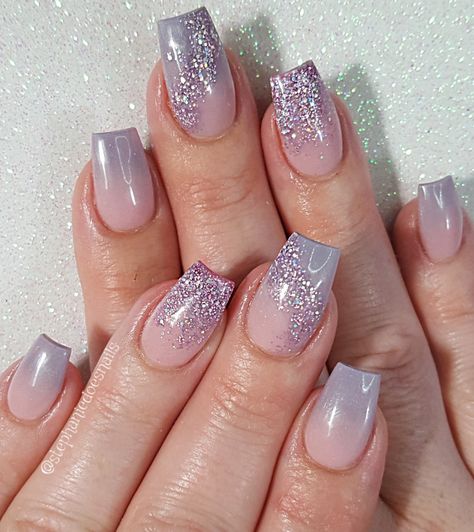 Lavender ombre Lavender Nail Extensions, Lavender Silver Nails, Lavender Wedding Nails, Lavender And Silver Nails, Lavender Ombre Nails, Purple Floral Nails, Sparkly French Tip Nails, Purple Wedding Nails, Sparkly French Tips