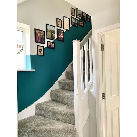 such an easy way to give your staircase a bit of excitement.  The paint is from #grahamandbrown #whaletail  Fantastic colour and paint! Half Wall Paint Stairs, Hallway Split Colour, Staircase Wall Design Paint, Painting Ideas For Hallway Walls, Half Wallpaper Half Paint Hallway, Staircase Colour Ideas Stairways, Half And Half Hallway, Half Wall Painted Stairs, Colour Block Staircase