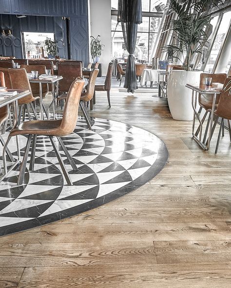 Pairing the beautiful patterned marble tiles against our specially made wooden floors, it truly brings out the personality of Cafe Del Mar 🥰 #marbletiles #woodenfloors #woodenflooring #interiordesign Circular Flooring Pattern, Circle Floor Pattern, Cafe Flooring, Restaurant Flooring Design, Circle Tiles, Parquetry Floor, Restaurant Flooring, Antique Flooring, Wooden Tile