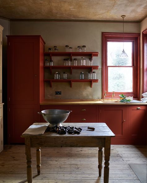 British Kitchen Design, Red Kitchen Cabinets, Plain English Kitchen, Bespoke Kitchen Design, Plain English, Traditional Kitchen Design, English Kitchen, English Kitchens, Orange Kitchen