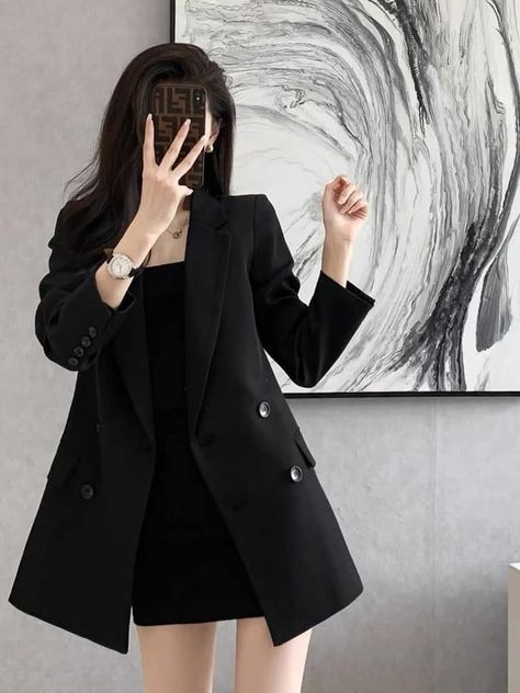 Ceo Secretary Outfit, Coat Outfit Black, Korean Elegant Outfit, Korean Style Coat, Korean Tops, Korean Outfit Street Styles, Korean Casual Outfits, Outwear Coat, Korean Fashion Dress