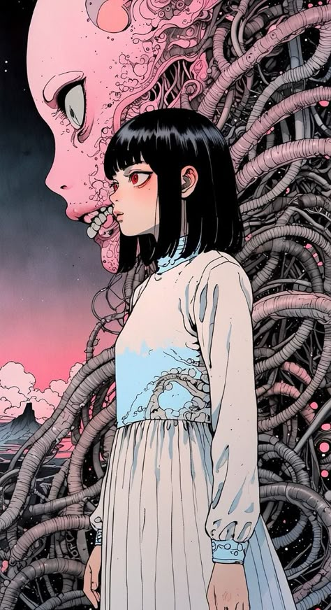 junji Ito ~ shintaro kago ~ apollonia saintclaire ~ H.R Giger ~  a girl walking toward the moon, in the style of detailed character design, dark pink and dark gray, vibrant fantasy landscapes, anime, gigantic scale, wandering eye, saturno butto Surreal Anime Art, Beautiful Bizarre Art, Anime Surrealism, Junji Ito Art Style, Junji Ito Wallpaper, Junji Ito Aesthetic, Surreal Anime, Detailed Anime Art, Shintaro Kago