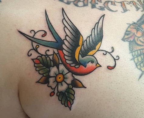 Sparrow Chest Tattoo Female, American Traditional Swallow Tattoo, American Traditional Hummingbird, American Traditional Hummingbird Tattoo, Mid Century Tattoo, Bird Flower Tattoo, Sleeves For Women Tattoo, Sailor Jerry Swallow, Tattoos Cherry Blossom