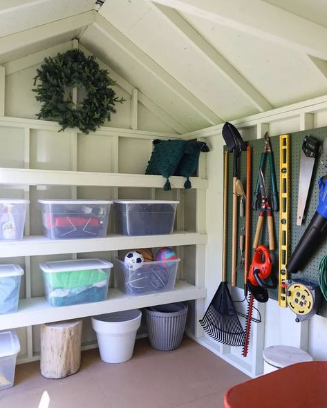 She Shed And Storage Ideas, Outdoor Storage Room Ideas, Shed Tools Storage Ideas, Small Outdoor Storage Shed, Ikea Shed Storage, Utility Shed Organization, Large Shed Organization, Shed Toy Storage Ideas, Tuff Shed Organization Ideas