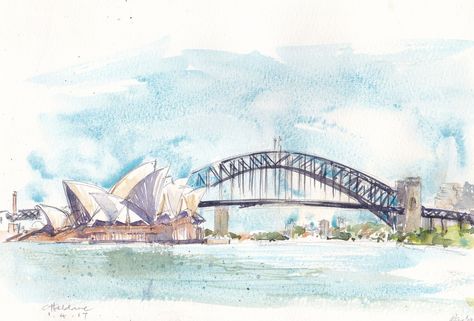 Mrs Macquarie's Rd view of Sydney Harbour Harbour Drawing, Sydney Drawing, Sydney Painting, Bridge Watercolor, Sydney Harbour Bridge Drawing, Harbour Paintings, Bridge Drawing, Art Assessment, Skyline Drawing