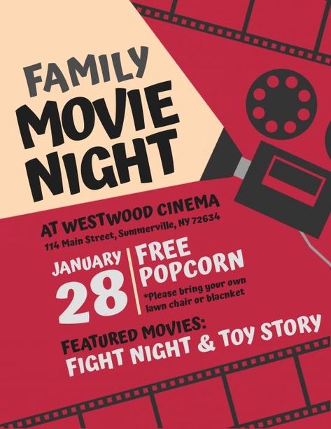 Flyer Design Templates Movie Night Poster, Movie Night Flyer, Theatre Illustration, Film Background, Club Poster, Promotional Flyers, Event Poster Design, Family Movie, Cinema Posters