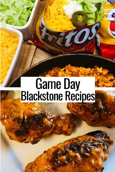 wings and walking tacos Grill Top Recipes, Griddle Tailgate Food, Blackstone Gameday Recipes, Appetizers On Blackstone Griddle, Appetizers On The Blackstone, Tailgate Blackstone, Game Day Grilling, Black Stone Tailgate Recipes, Blackstone Grill Appetizers