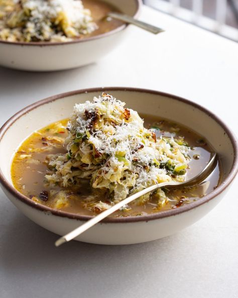 Herby Cabbage in Parmesan Broth - Justine Doiron Parmesan Cabbage, Parmesan Broth, Justine Doiron, Braised Cabbage, Roasted Cabbage, One Pot Dinners, Veggie Stock, Cabbage Salad, Cabbage Soup